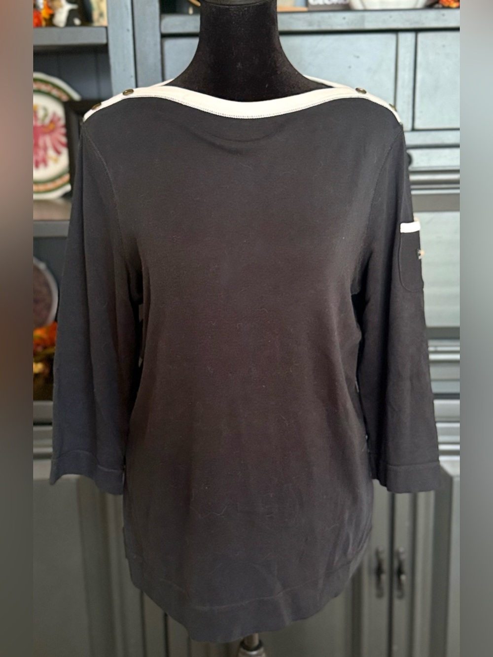 Lauren Ralph Lauren black preppy casual boat neck 3/4 sleeve cotton top shirt XL